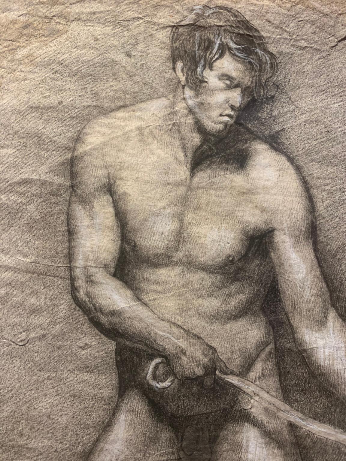 Male Nude Portrait Academia Drawing Study 19th century pencil white lead paper - Art by Unknown