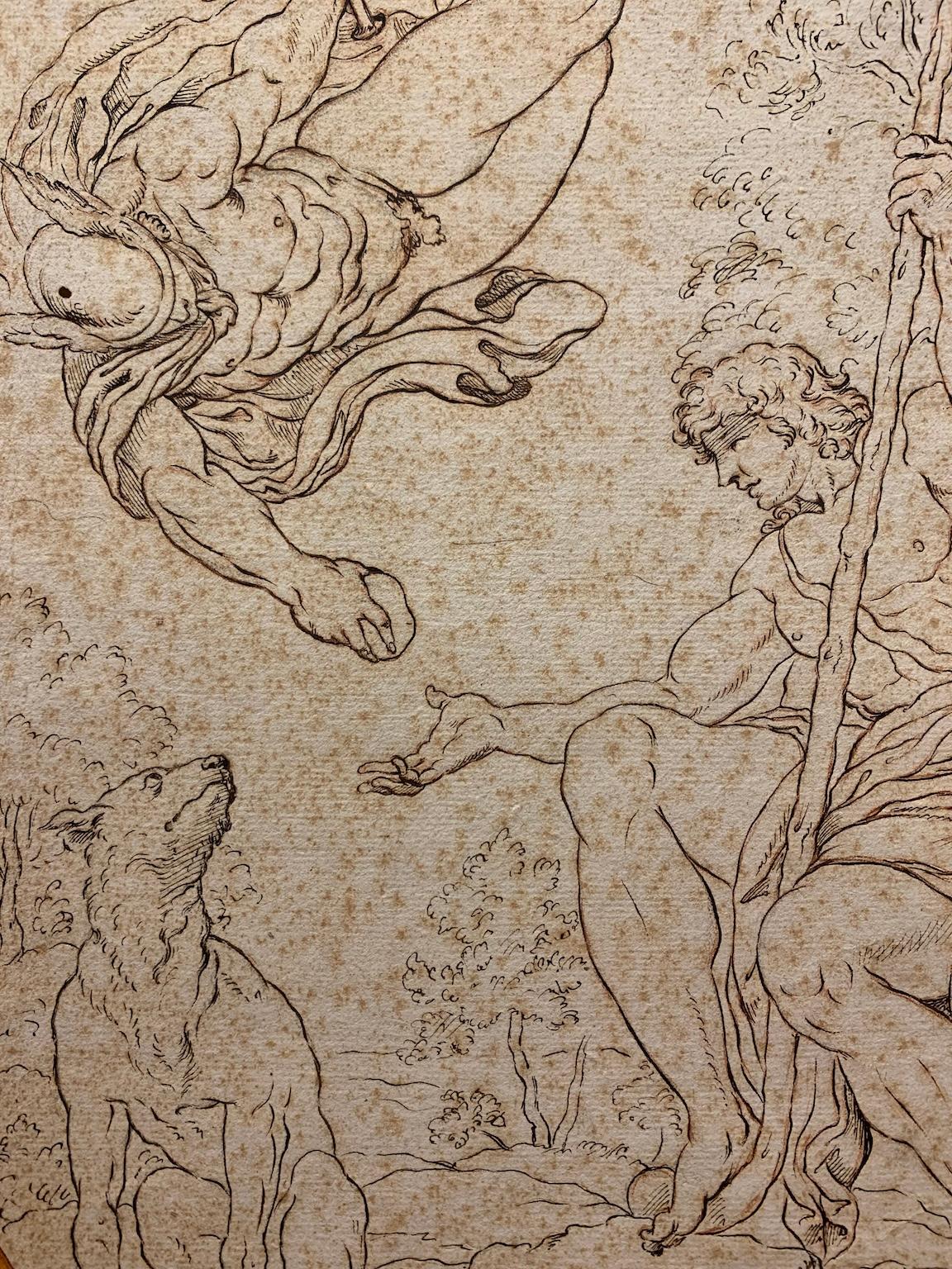 Feder, Bleistift und Rötelzeichnung auf Papier. 
Das Thema erinnert an die Fresken von Annibale Carracci im Palazzo Farnese in Rom (1597-1607), insbesondere an die Episode, in der Hermes den "Apfel der Zwietracht" an Paris übergibt, der darüber