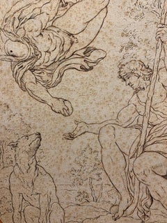 Dessin mythologique à la plume sur papier inspiré des fresques d'Annibale Carracci