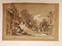 Dibujo anverso reverso acuarela paisaje figurativo siglo XVIII