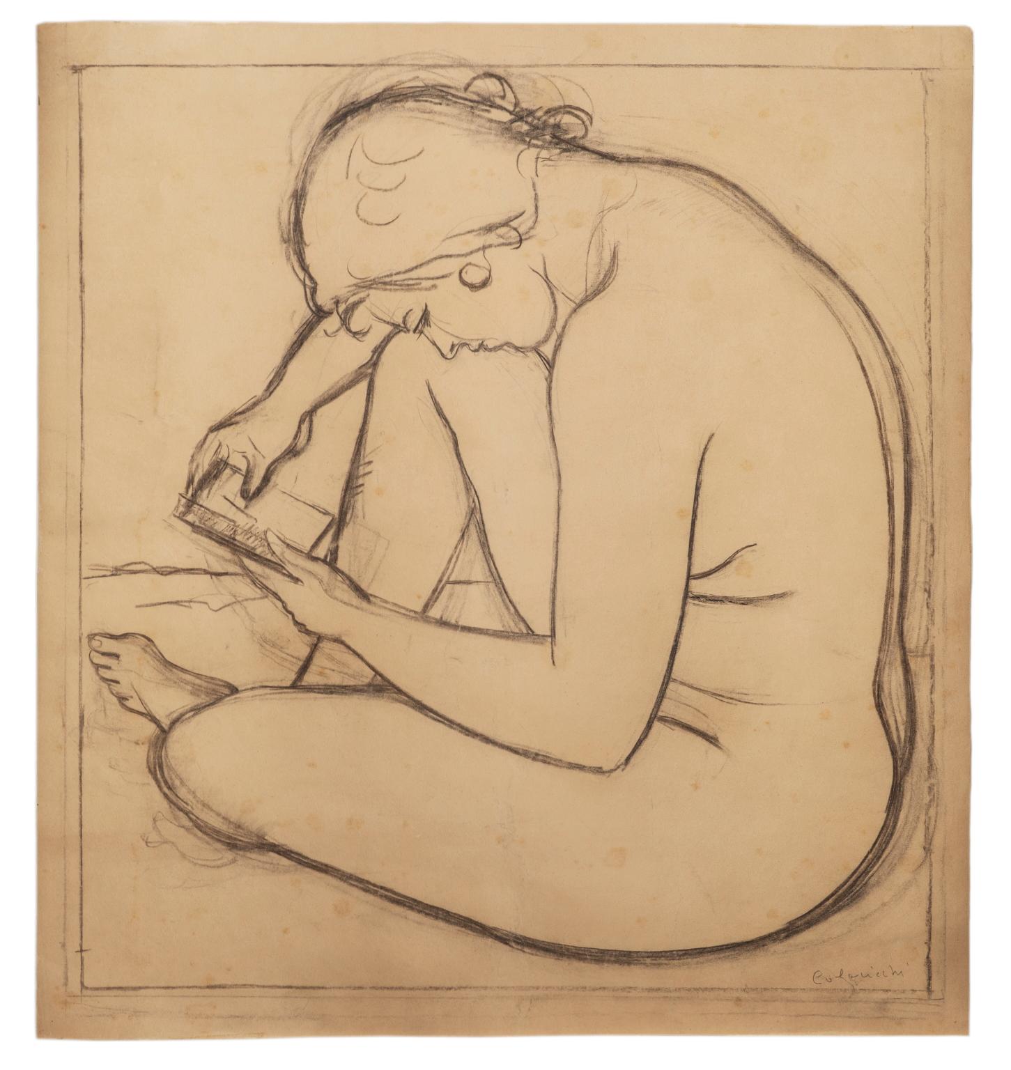 The drawing, signed at the right bottom corner Colacicchi, is a study for the painting Psyche, exhibited for the first time in 1939 at the Ussi Prize-planned by the Florence Academy of Drawings-and, one year later, at the monographic exhibition held