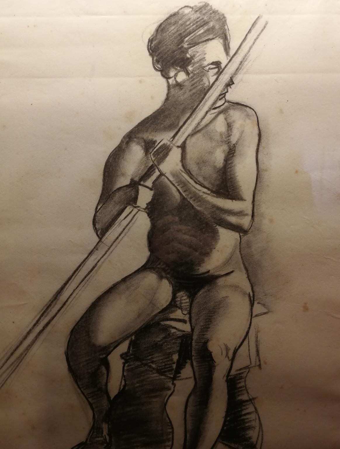 Portrait d'homme nu au fusain signé G. ColacicchI, daté de 1924