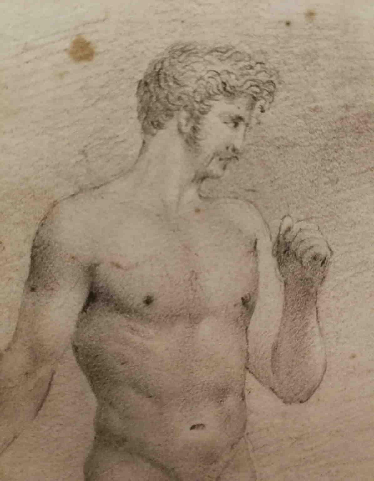 Florentine Male Nude Academia Drawing 19th century pencil paper carved frame  - Other Art Style Art by Unknown