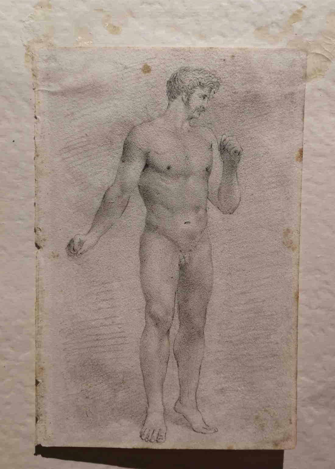 Florentiner männlicher Akt Academia mit Bleistift und geschnitztem Rahmen aus dem 19. Jahrhundert  (Sonstige Kunststile), Art, von Unknown