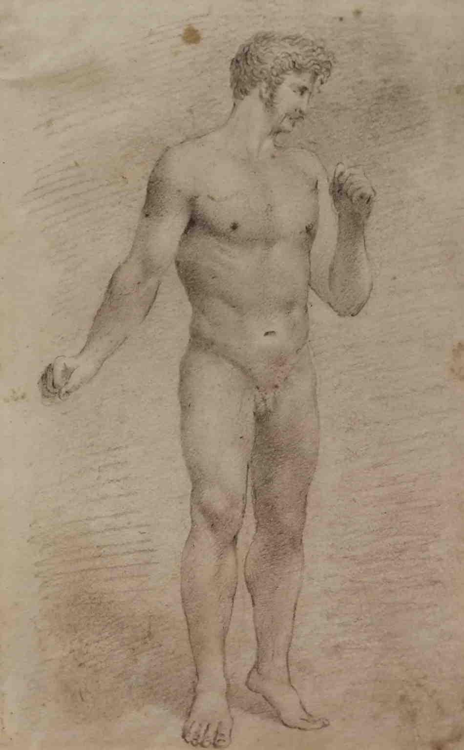 Florentine Male Nude Academia Drawing 19th century pencil paper carved frame  1