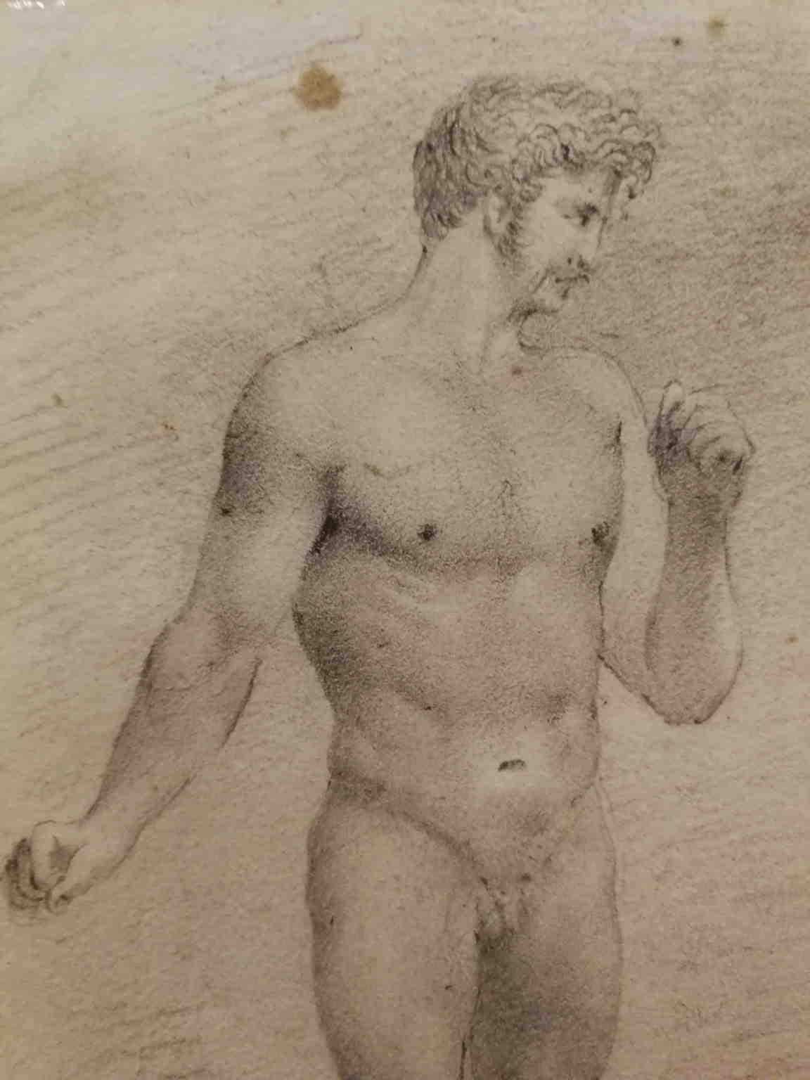 Florentiner männlicher Akt Academia mit Bleistift und geschnitztem Rahmen aus dem 19. Jahrhundert  1