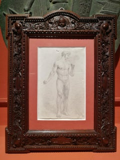 Florentine Male Nude Academia Drawing 19th century pencil paper carved frame 