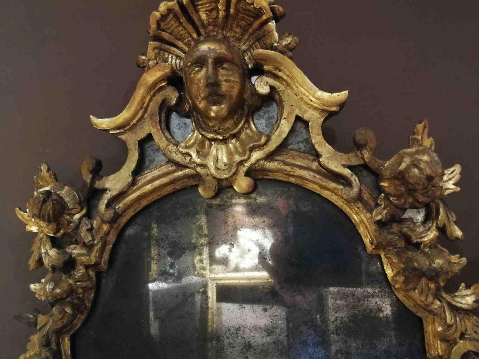 Paar toskanische Rokoko-Spiegel aus vergoldetem, geschnitztem Holzglas im Angebot 4