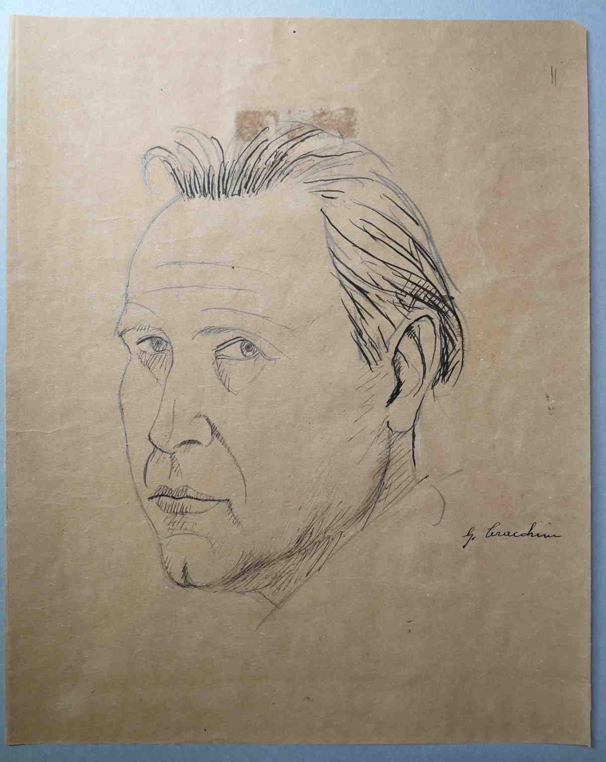 The drawing is a self portrait of the tuscan artist Gisberto Ceracchini. Considering the age at the moment and the fact that his birth year was the 1899, it can be dated to the 1930s-1940s.

Gisberto Ceracchini was an italian artist that despite his
