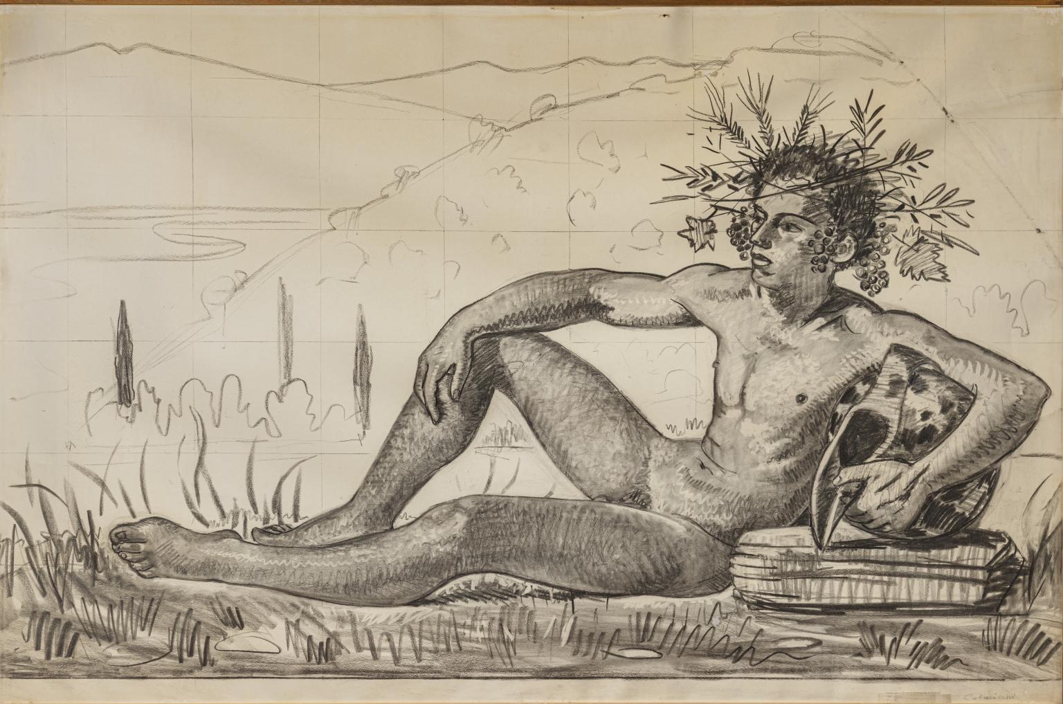 Italienische Cartoon-Zeichnung der Allegorie Fluss God, 1960er Jahre, Bleistift auf Papier – Art von Giovanni Colacicchi