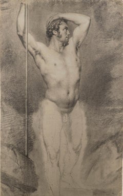 Antique Placido Fabris Male Nude Portrait Drawings 1830s charcoal tempera laid paper