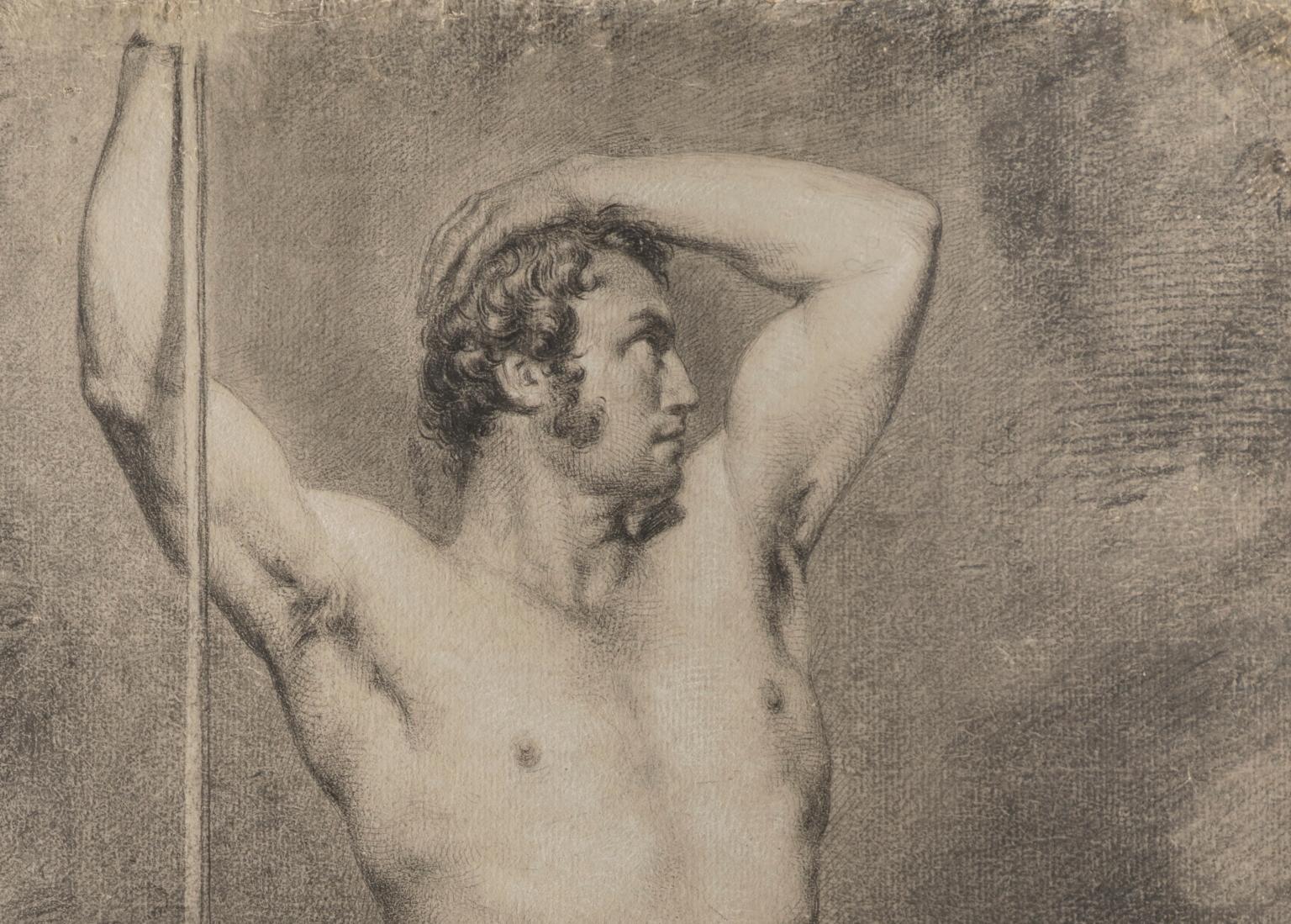 Placido Fabris Male Nude Portrait Drawings 1830s charcoal tempera laid paper For Sale 1
