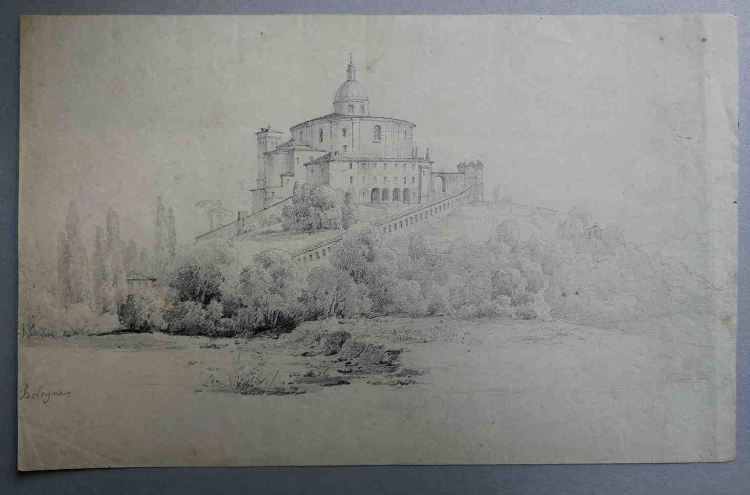 French Artist Drawing Sanctuary of San Luca Bologna 19 century pencil paper