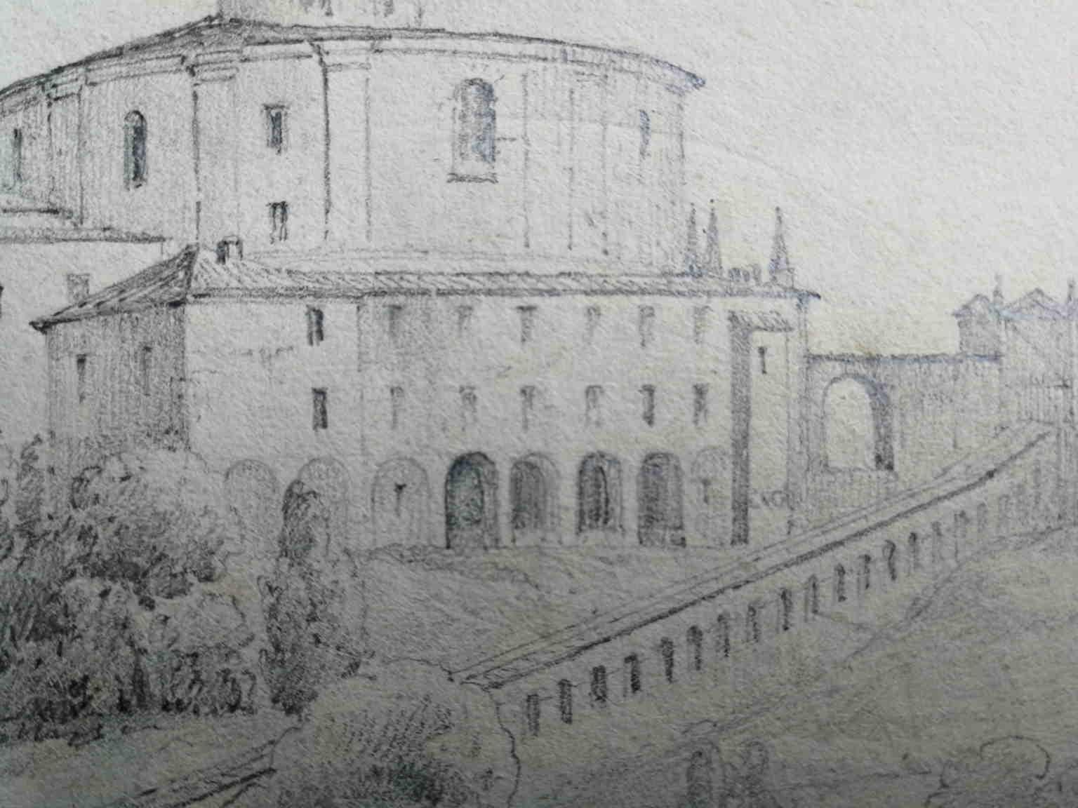 The drawing depict the Sanctuary of Madonna di San luca in Bologna.
It can be attributed to a French artist because it's written 