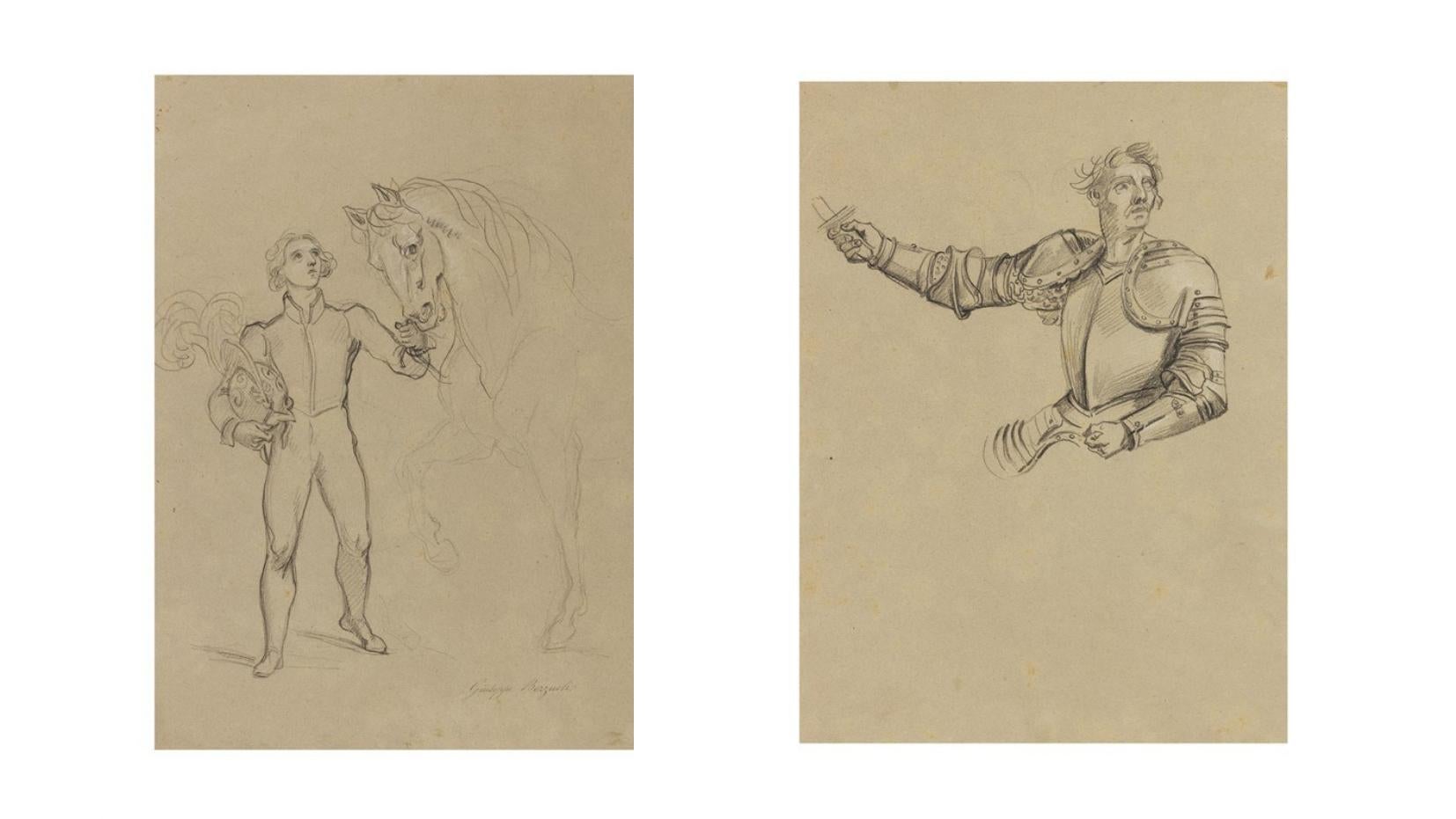 GIUSEPPE BEZZUOLI (Florence 1784 -1855), Studies for the painting "Charles 8th of France entering in Florence", 1827-1828, pencil on paper, 31 x 22 cm; signed Giuseppe Bezzuoli at the bottom right.
Fronte: study for the page boy holding the