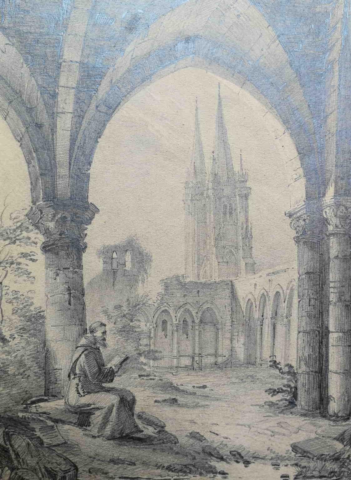 This drawing represents a lateral view over the Cathedral of Koln that doesn't want to be a faithfull copy from real but It's pervaded with a nostalgic and decadent feeling proper of the Romanticism. In fact, the artist, also displays some ruins