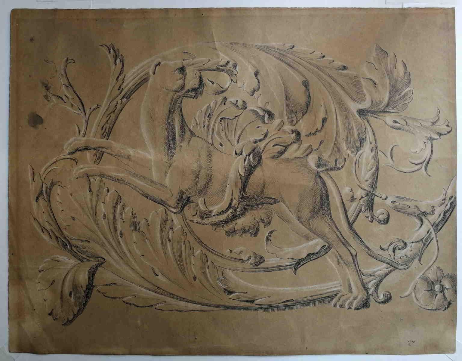 Frise d'animaux néoclassique italienne du 19ème siècle à l'encre blanche au plomb