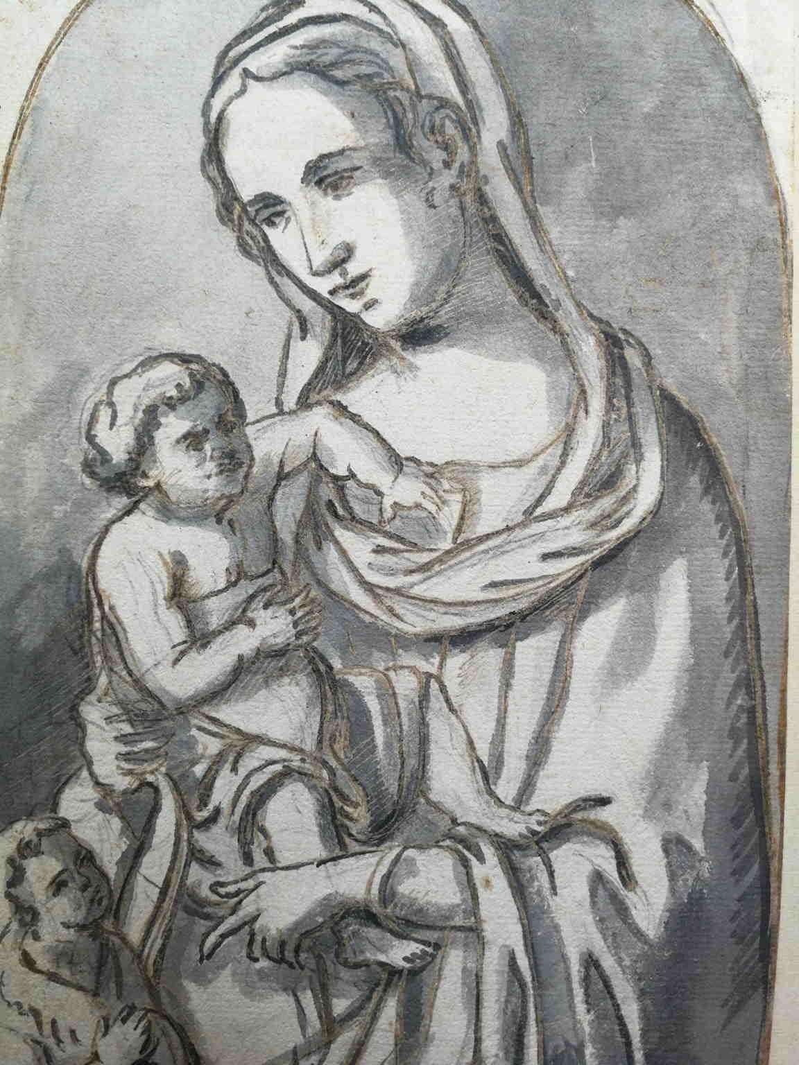 Unknown Figurative Art - Fortunato Duranti Workshop Renaissance Madonna Drawing 19 century bistre paper