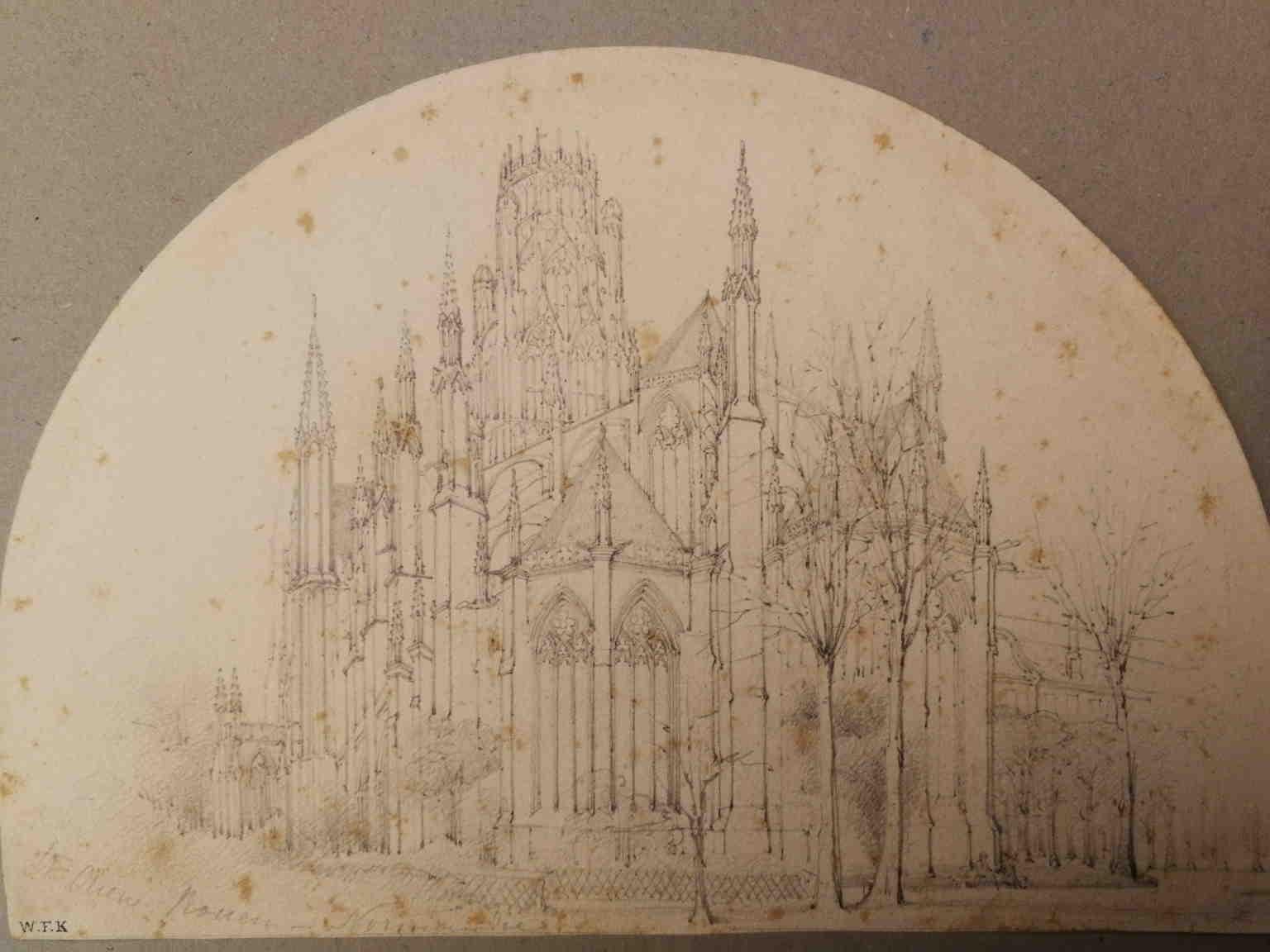 French Abbey Rouen Landscape Drawing 19 century pencil paper