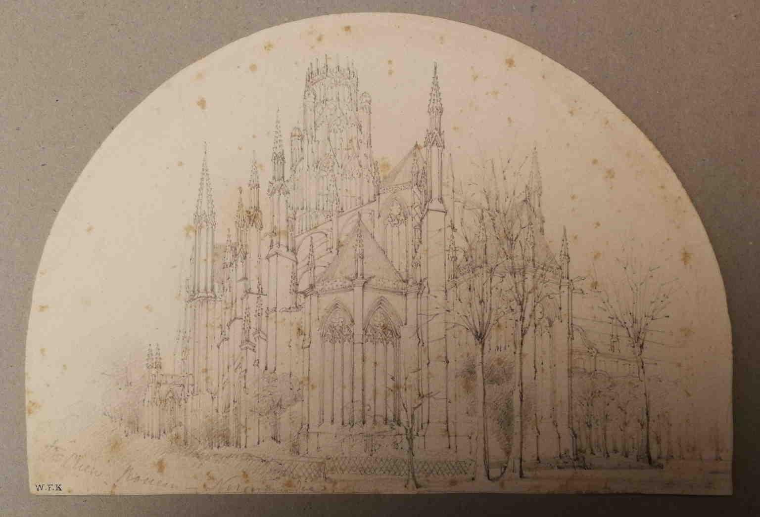 French Abbey Rouen Landscape Drawing 19 century pencil paper - Art by Unknown
