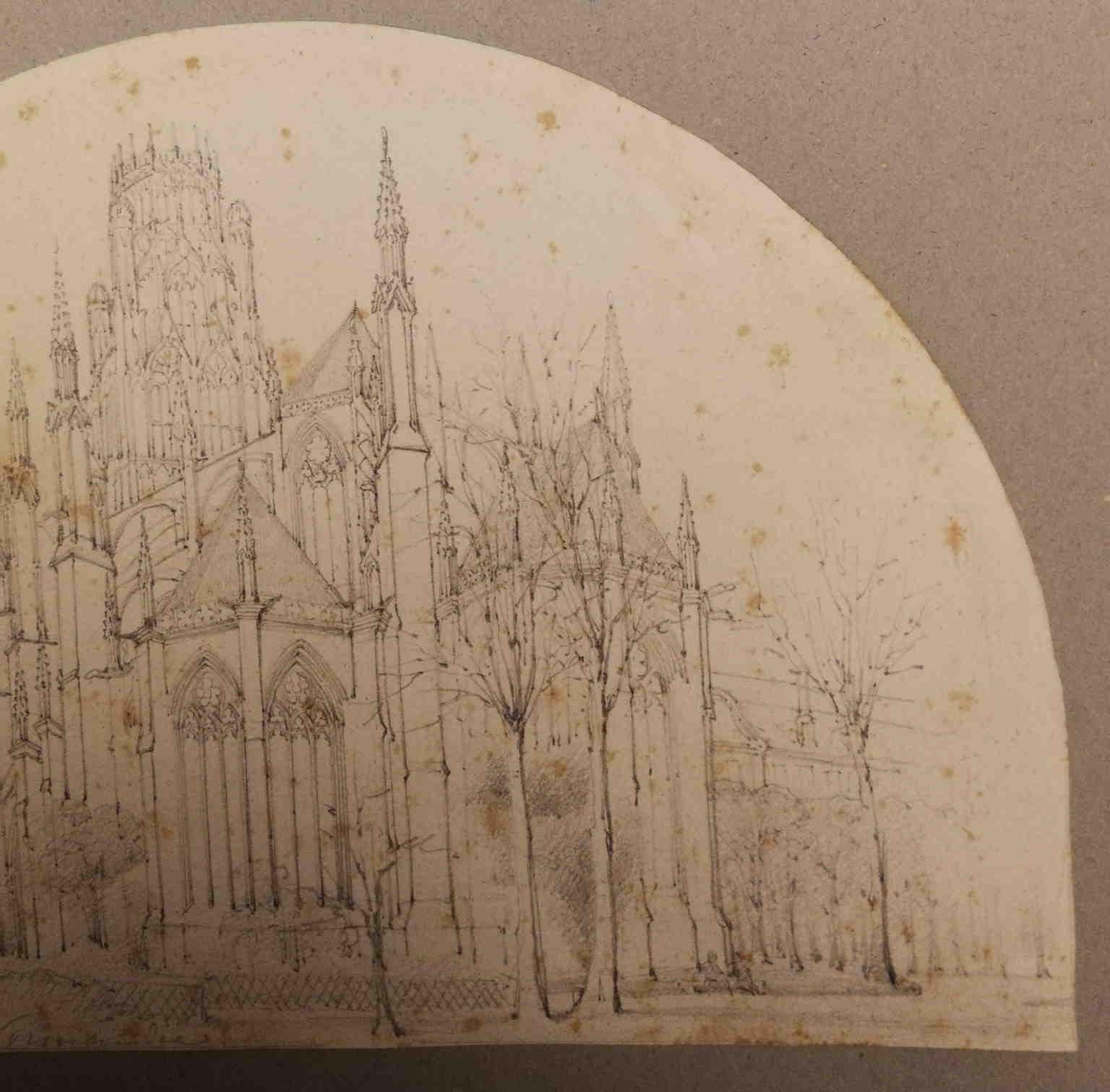 French Abbey Rouen Landscape Drawing 19 century pencil paper - Other Art Style Art by Unknown