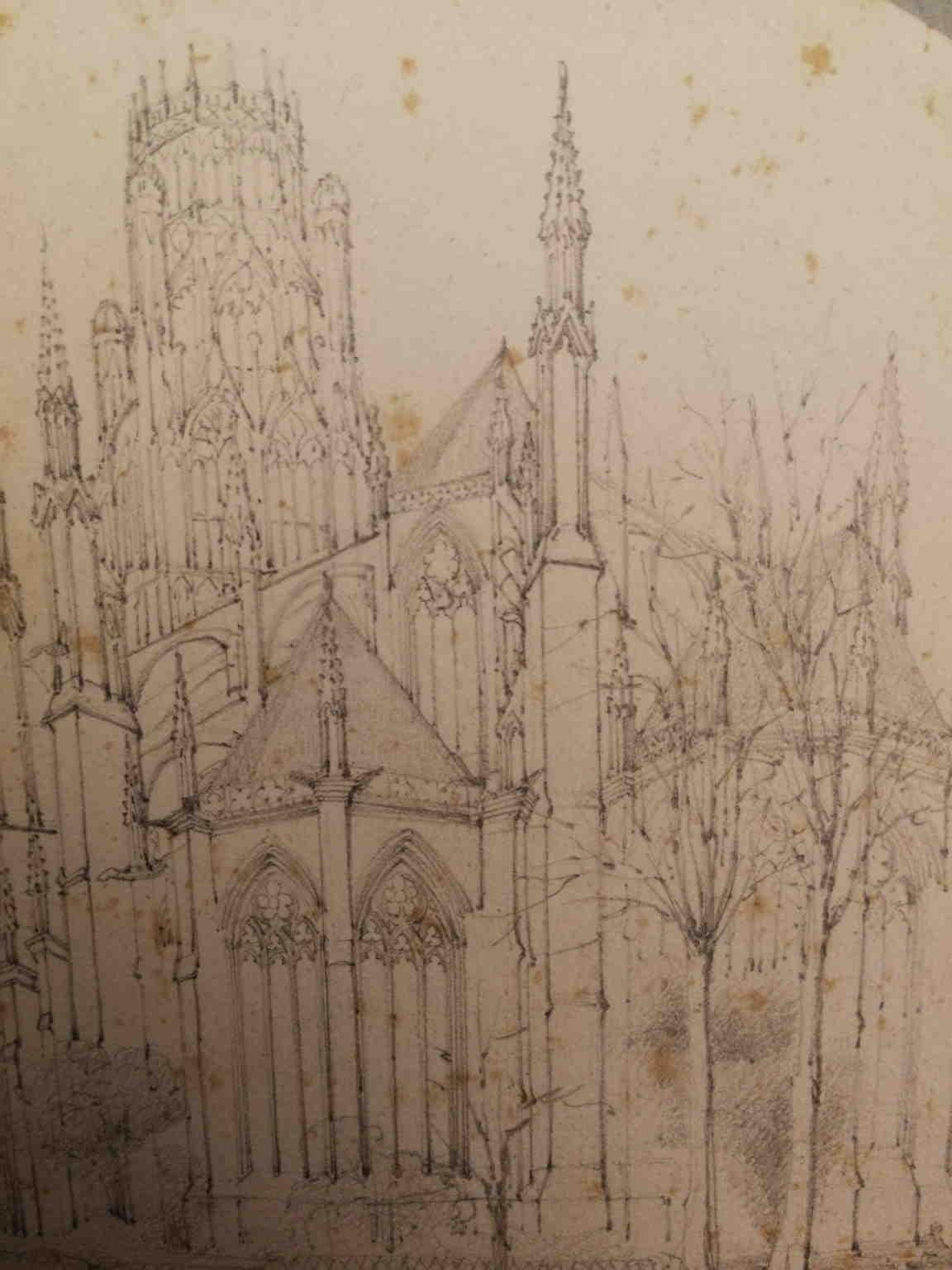 French Abbey Rouen Landscape Drawing 19 century pencil paper - Brown Landscape Art by Unknown