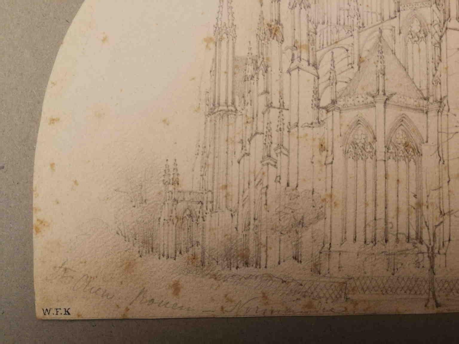This small drawing shaped as a lunette (pencil on paper, 13 x 19 cm) represents Saint-Ouen Abbey in Rouen, Normandie, as it's reported on pencil on the bottom left corner.
We can desume it's a study from real by the faithful attention of the details