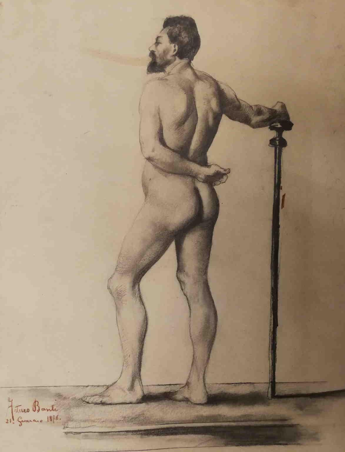 Arturo Banti Portrait – Signierte datierte toskanische Banti-Bleistiftpapier-Zeichnung eines männlichen Akts aus dem 19. Jahrhundert 