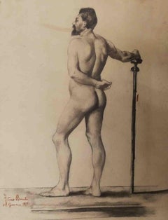 Signed dated Tuscan Banti Male Nude Academy Drawing 19th century pencil paper 