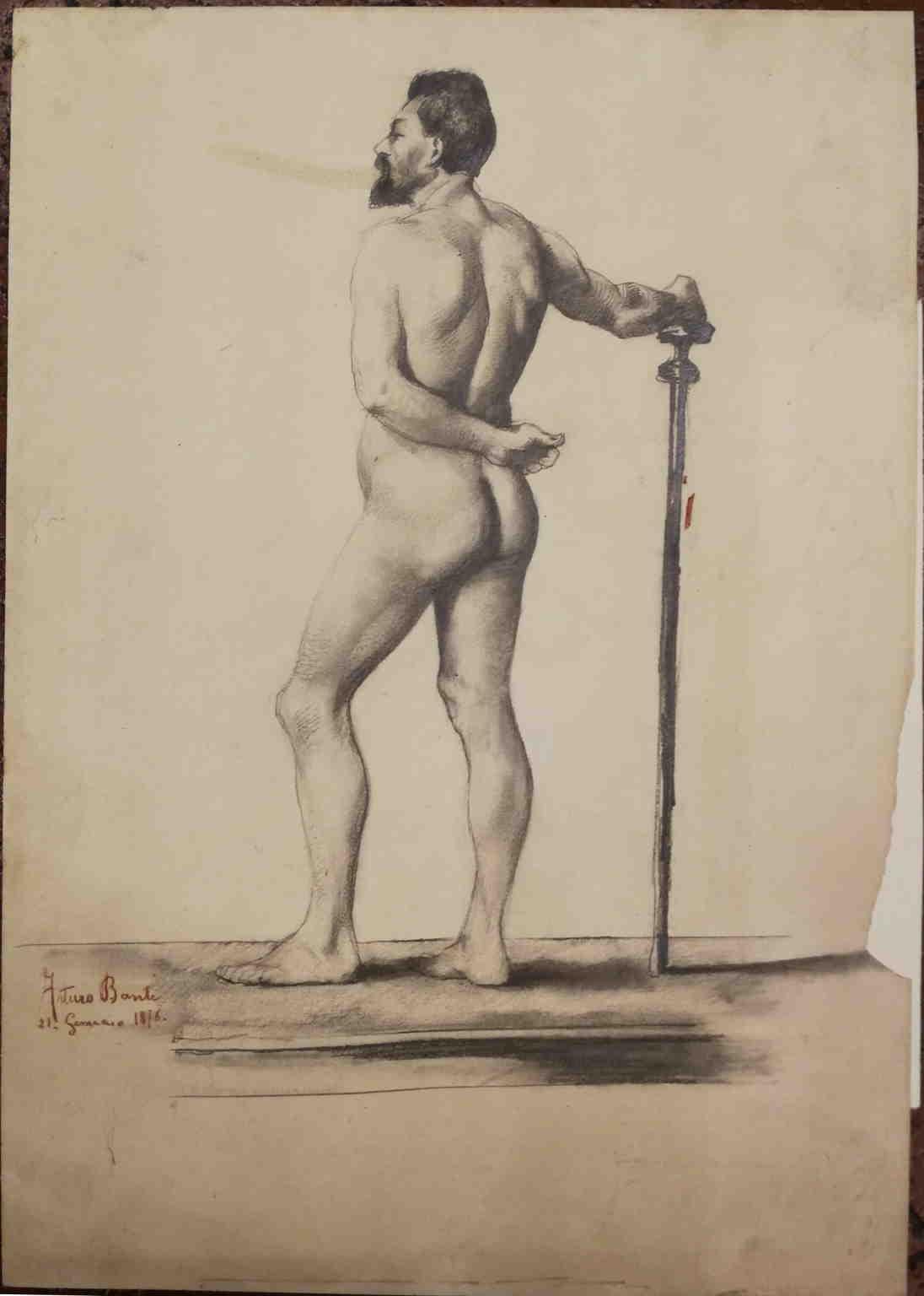 Signierte datierte toskanische Banti-Bleistiftpapier-Zeichnung eines männlichen Akts aus dem 19. Jahrhundert  – Art von Arturo Banti