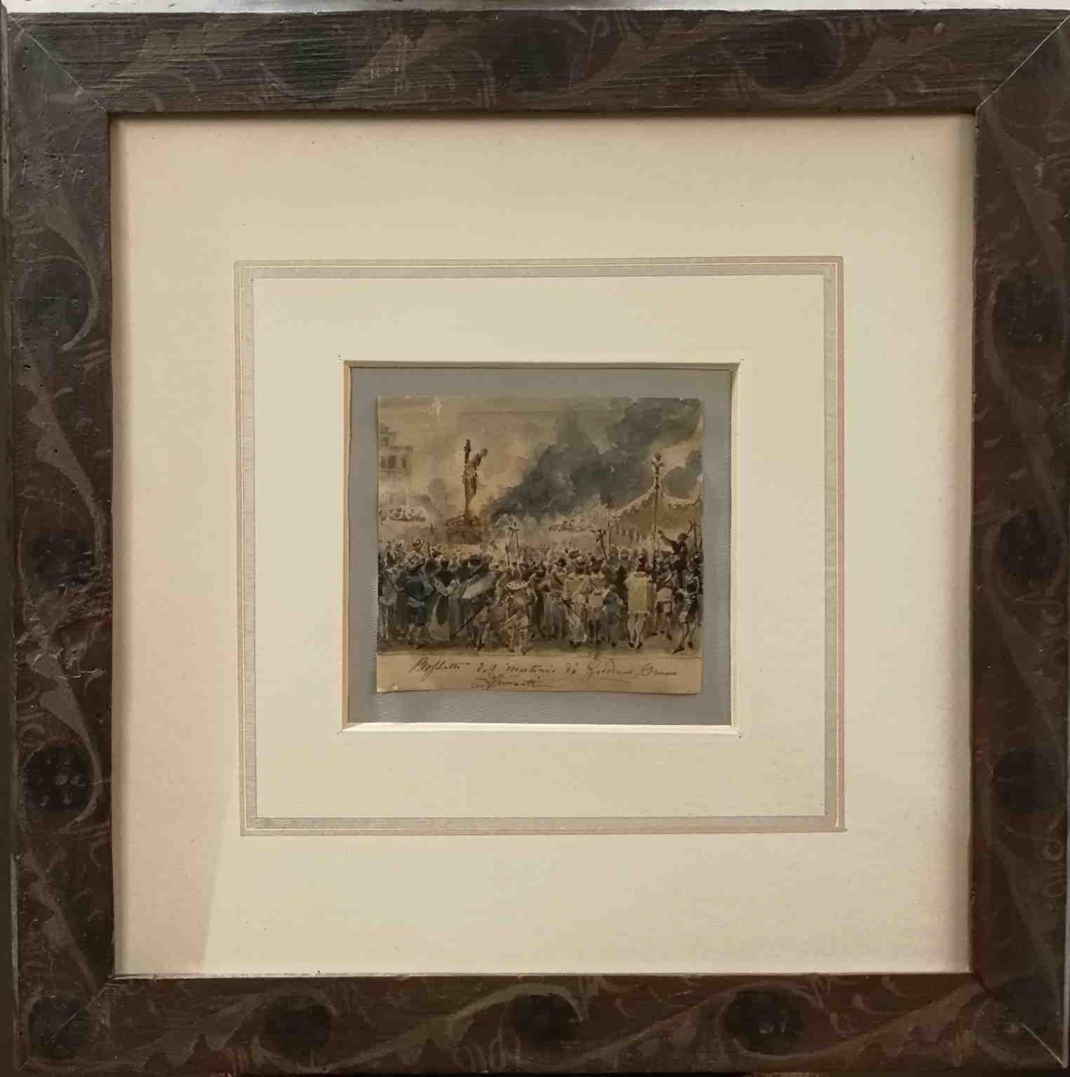 Signé Romain Religieux Giordano Bruno Dessin Papier Peinture 19ème siècle - Art de Domenico Fumanti