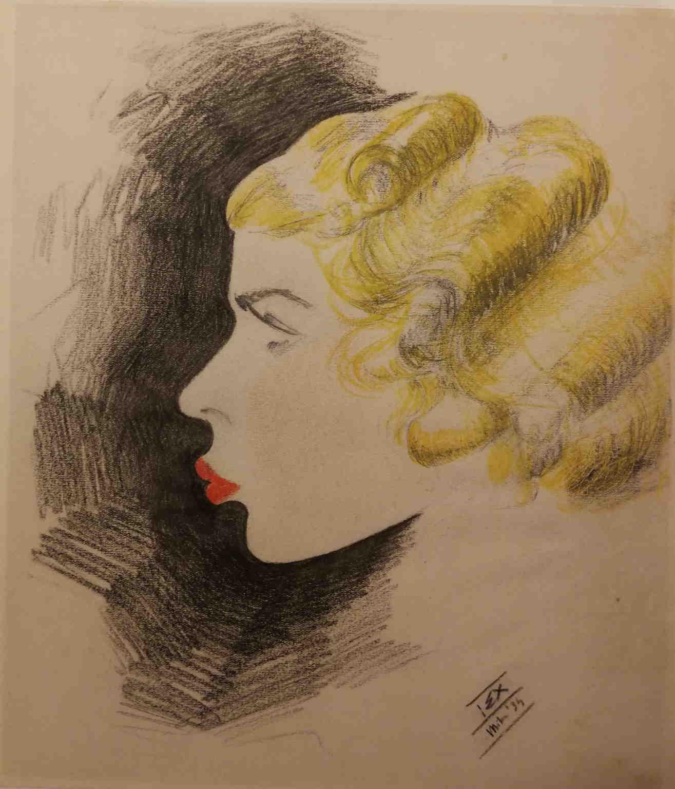 Female Portrait Drawing Roaring Thirties Monogram Dated pencil paper - Post-Impressionist Art by Unknown