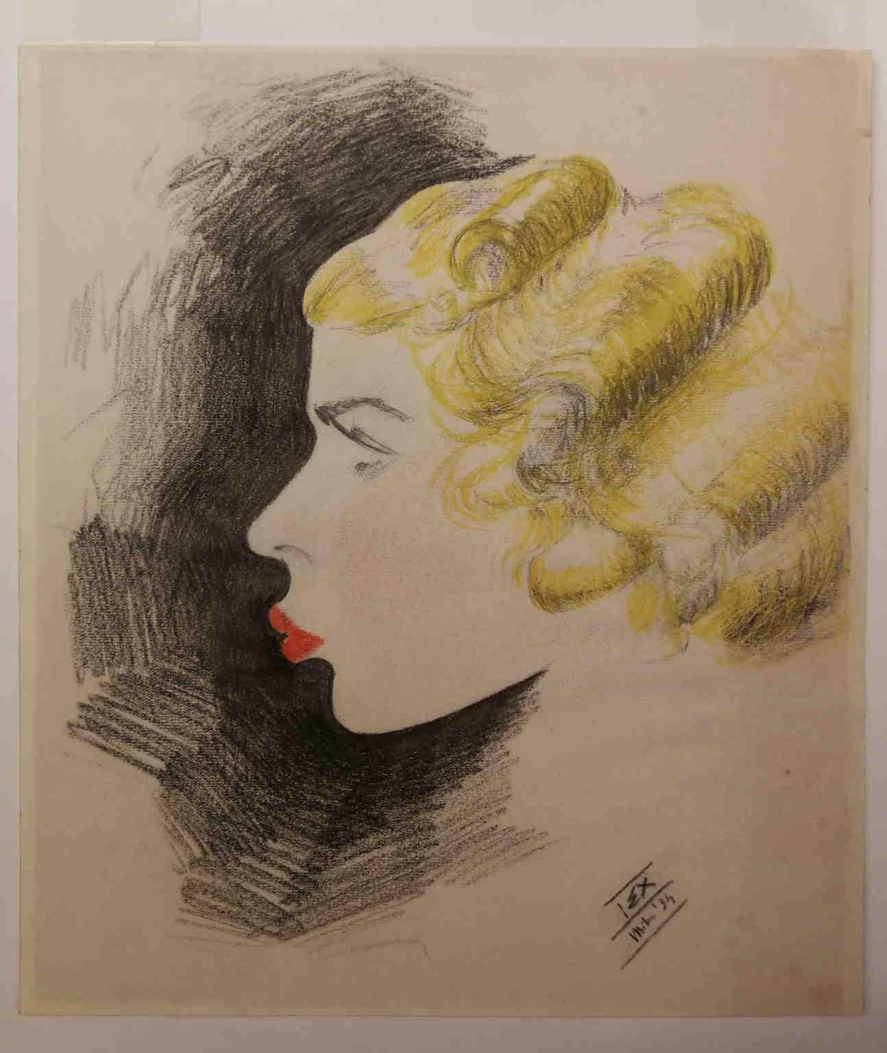 This drawing, color pencil on paper 26 x 23 cm without frame, portrays a lady on profile, styled as the typical fashion of the time. By the way she's portrayed, she seems an audacious, modern and bold woman, wearing hot red lipstick and having