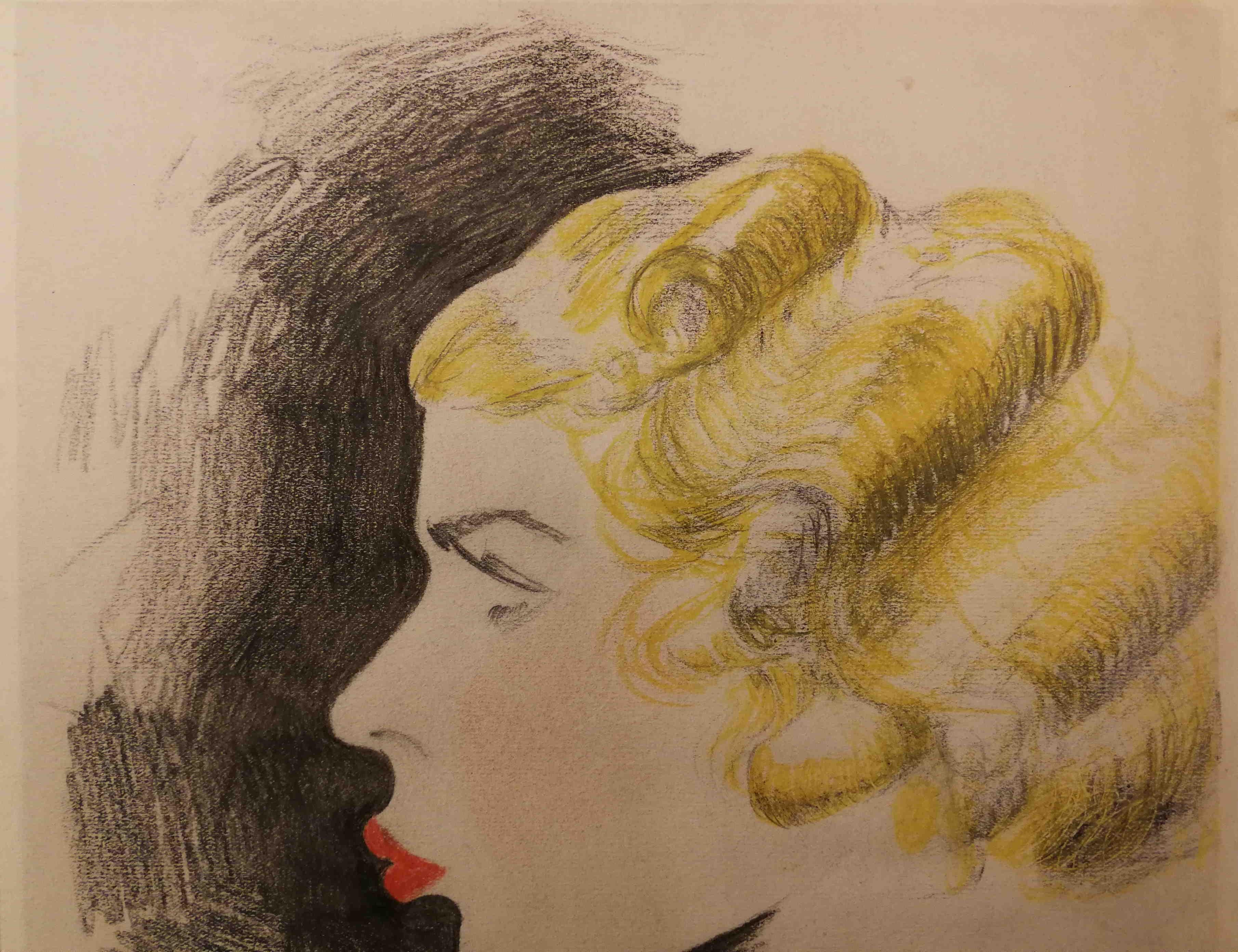 Portrait de femme Dessin années folles Monogramme Daté papier crayon en vente 1