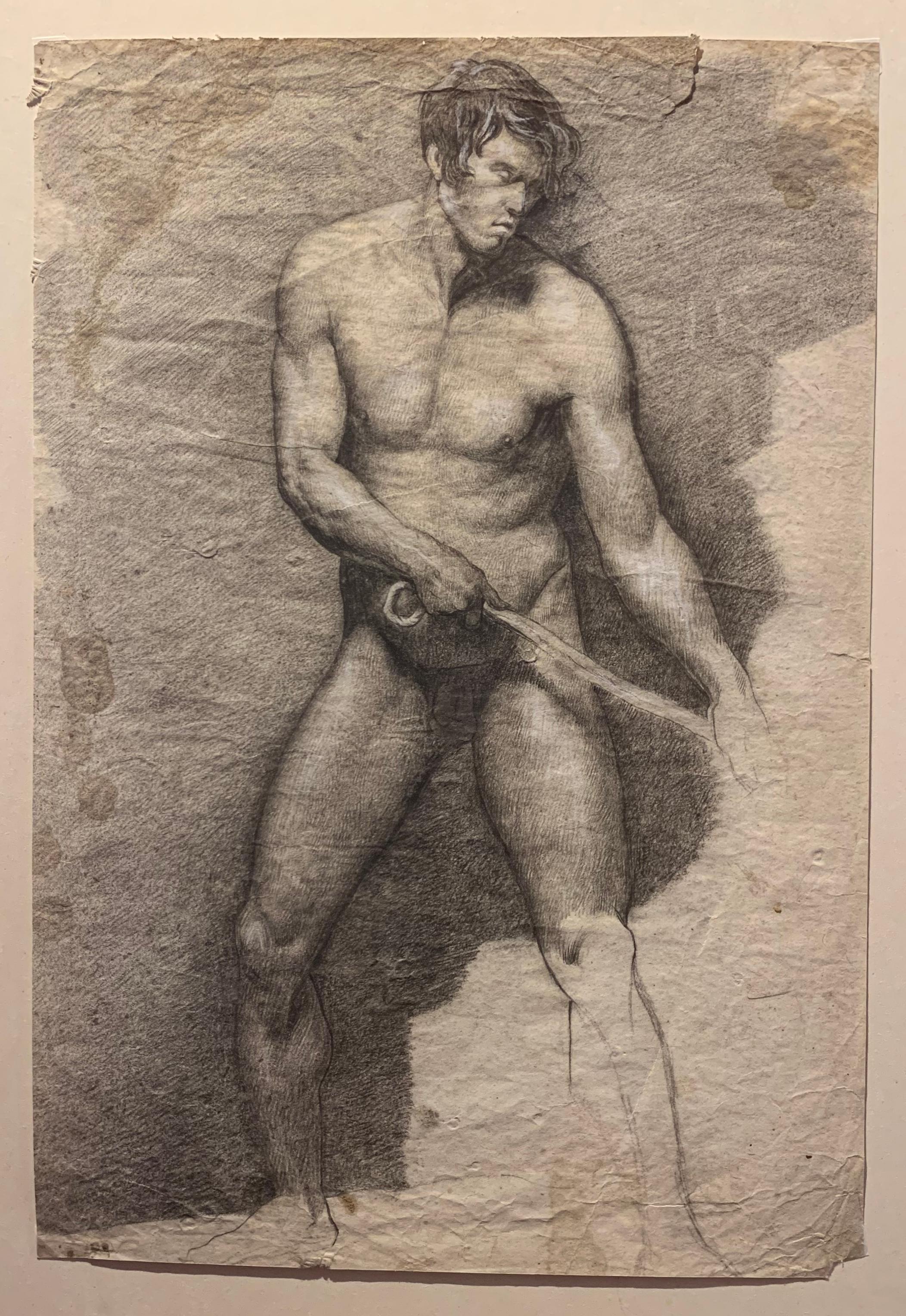 männliche Aktporträt Academia Zeichnungsstudie des 19. Jahrhunderts mit Bleistift und weißem Bleistift – Art von Unknown