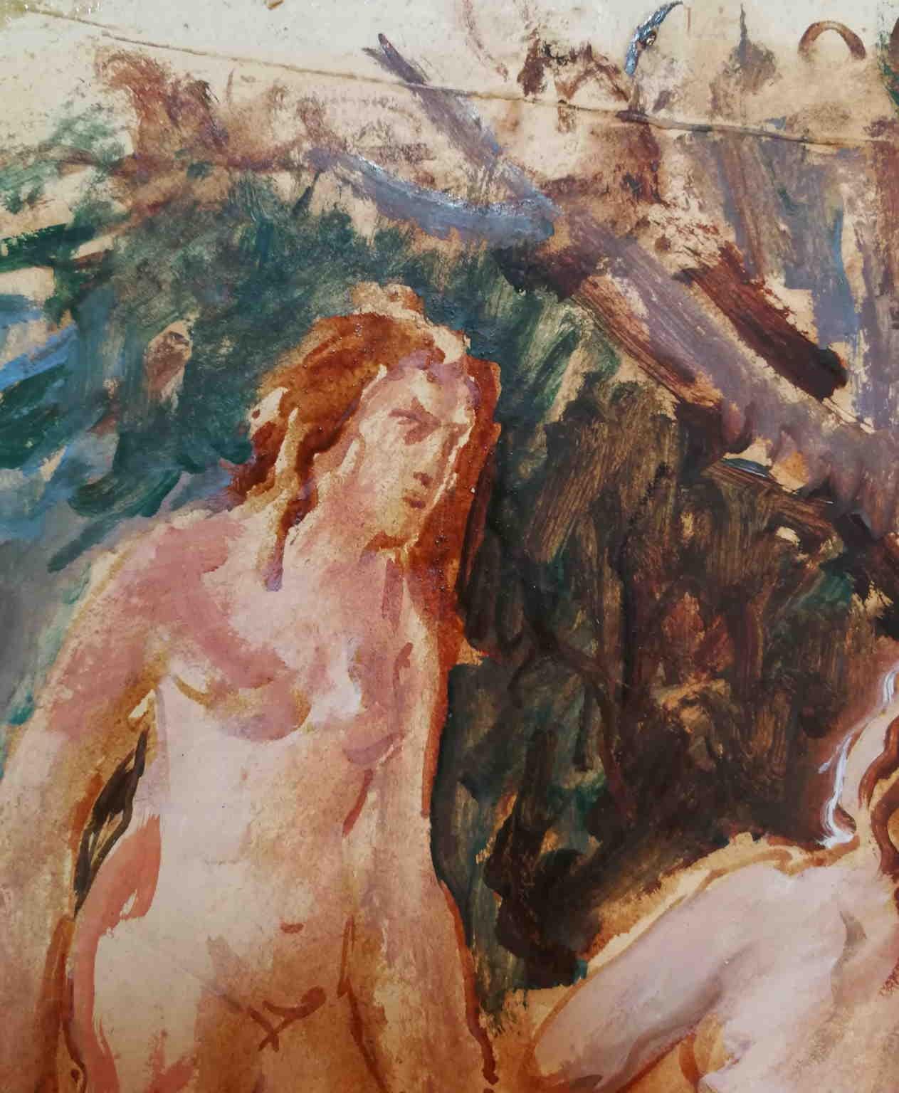 Italienisch-impressionistische figuratives Porträtgemälde, signiert (Braun), Nude, von Felice Carena