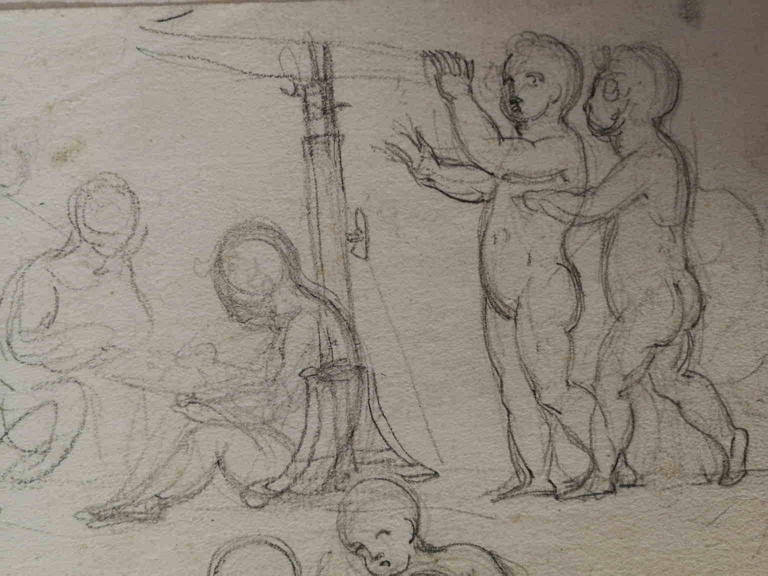 This drawing represents a group of putti depicted while they are intent in studying together the 