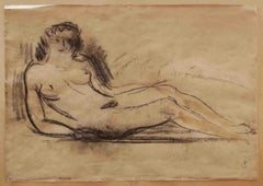 Signed Female Nude Portrait Drawing 20 century pencil paper