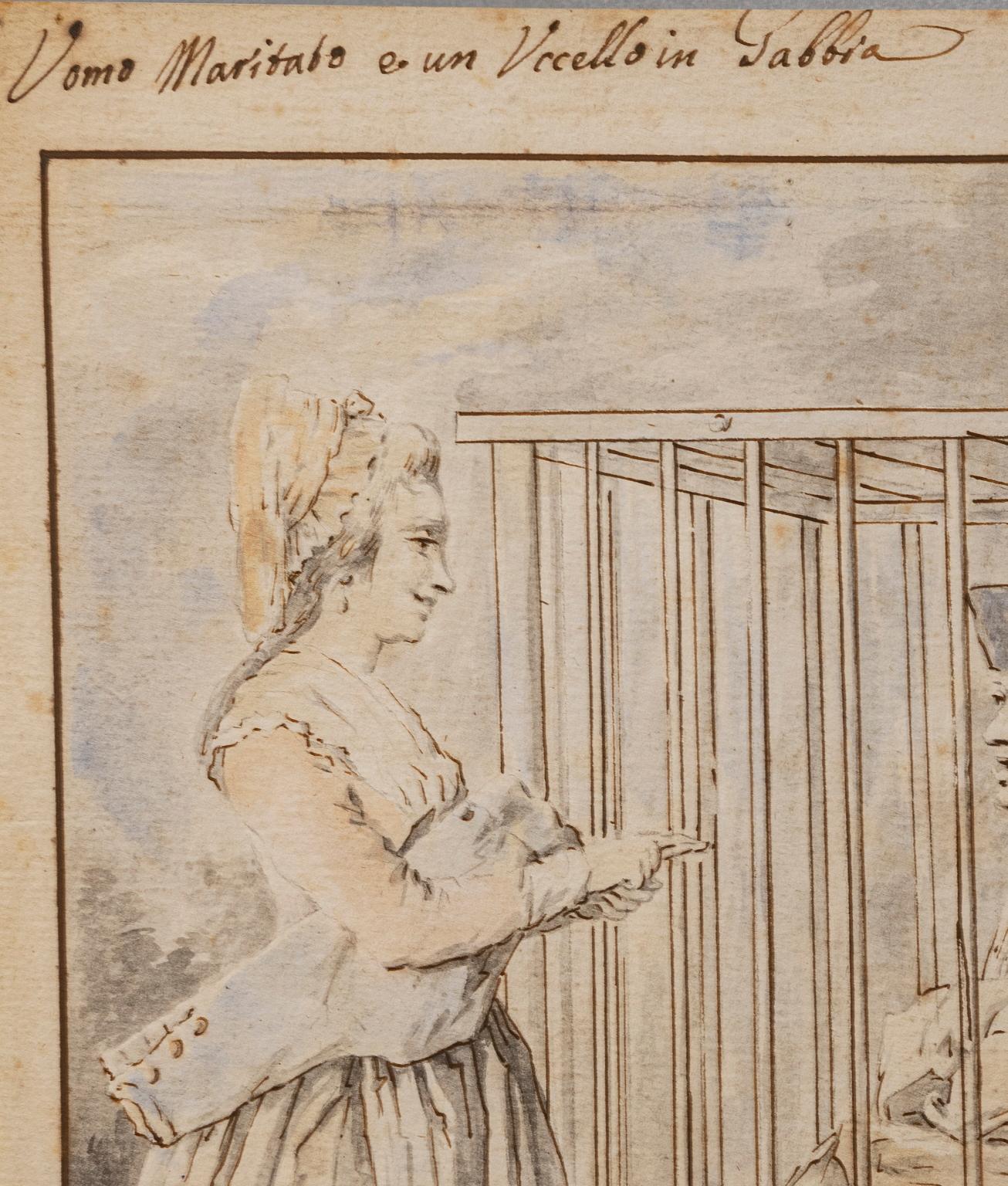 Florence Zeichnung Liebe, Hochzeit, Figurative Szene, Aquarell, Papier, 18. Jahrhundert (Brown), Figurative Art, von Giuseppe Piattoli