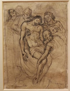 Antique Florentine Artist Religious Figurative drawing 20th century ink pencil paper