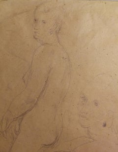 Vintage Tuscan Florentine Female Nude Portrait Drawing 20th century pencil paper