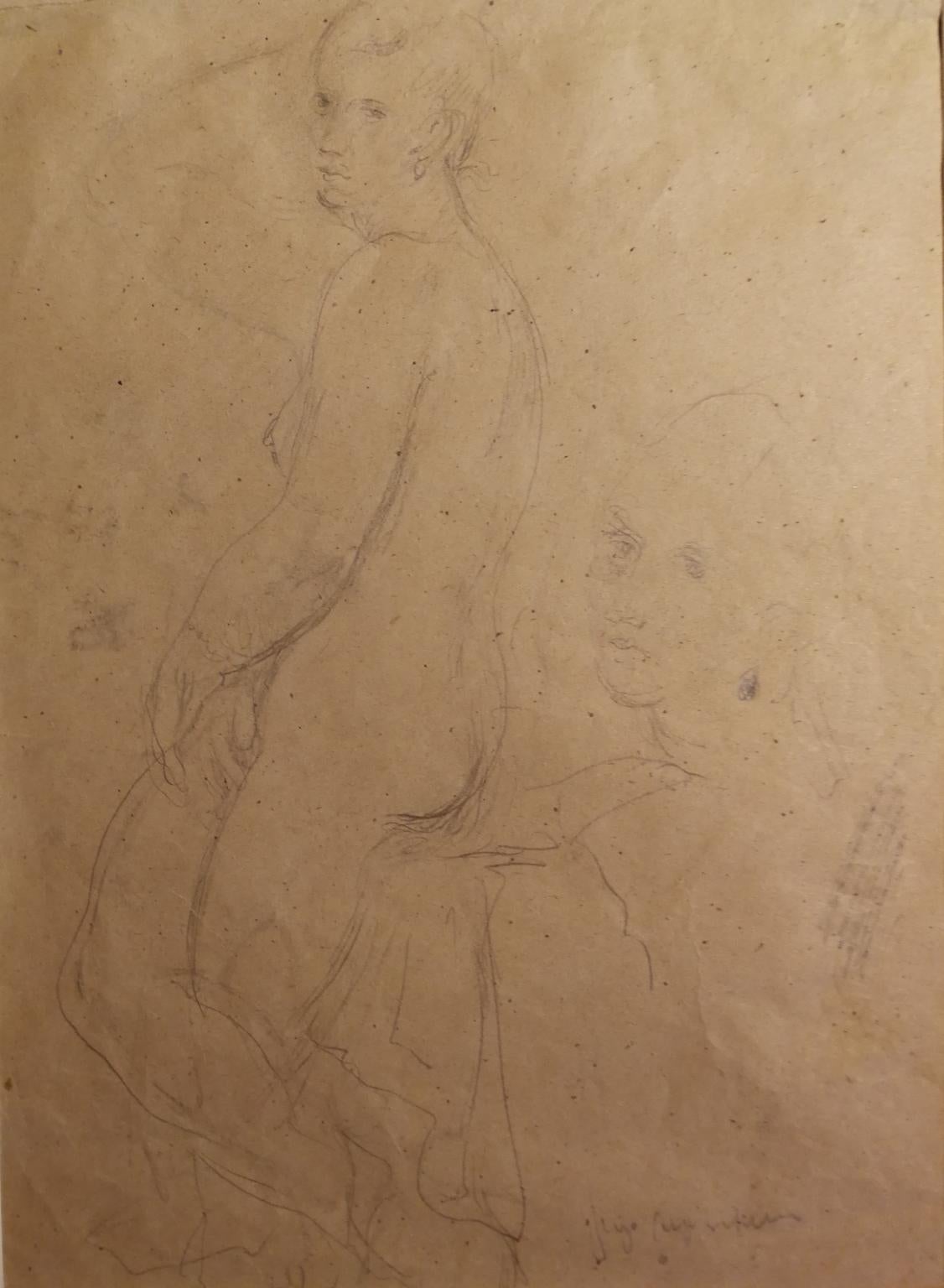 Tuscan Florentine Female Nude Portrait Drawing 20th century pencil paper - Other Art Style Art by Ugo Capocchini