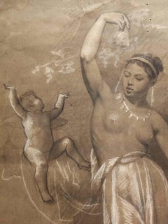 Antique German Nude Figurative Drawing 19th century pencil white chalk paper
