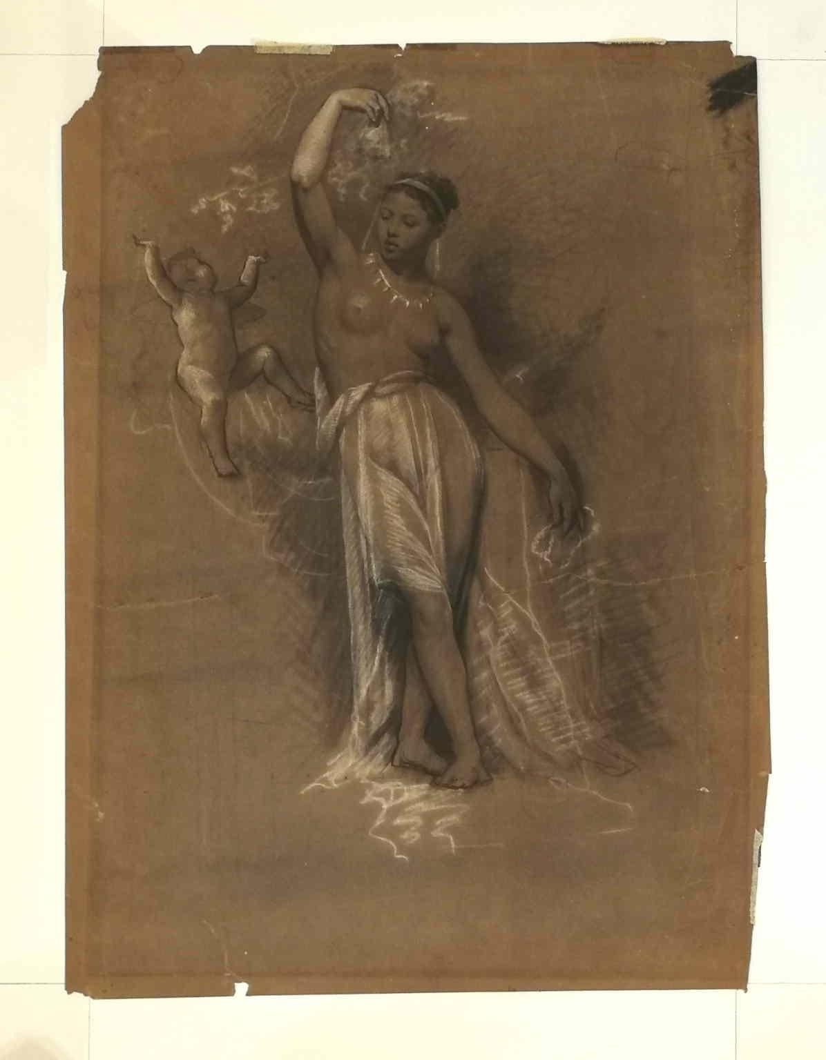Dessin figuratif de nu allemand 19e siècle crayon blanc papier craie en vente 2