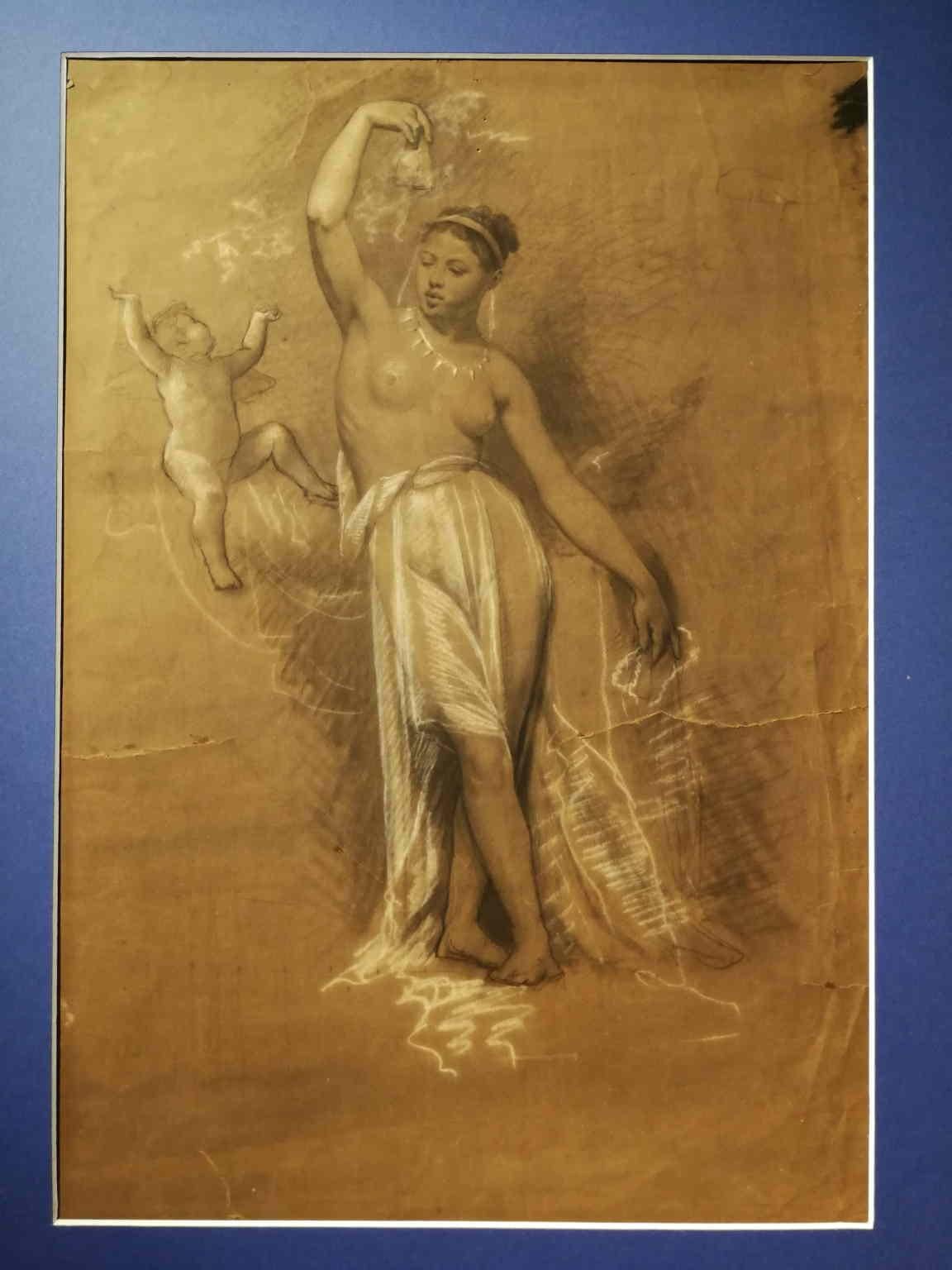 German Nude Figurative Drawing 19th century pencil white chalk paper For Sale 6