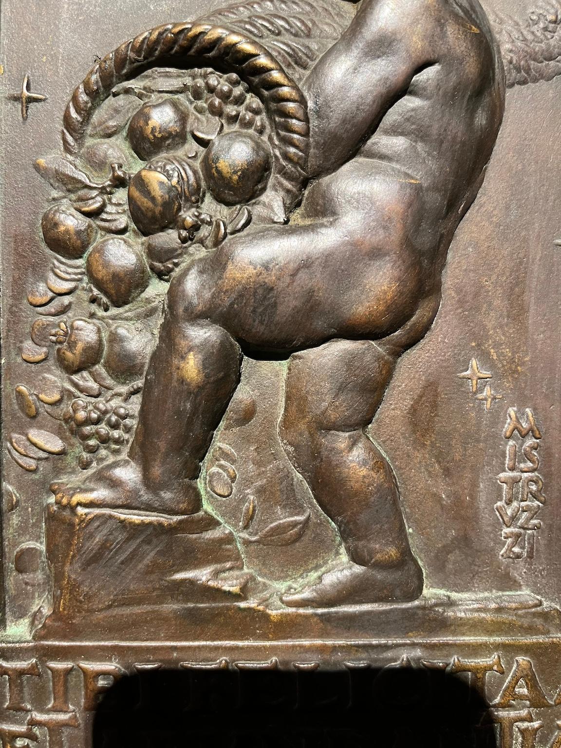 Allegorical bas-relief in bronze and wood with putto and cornucopia For Sale 2