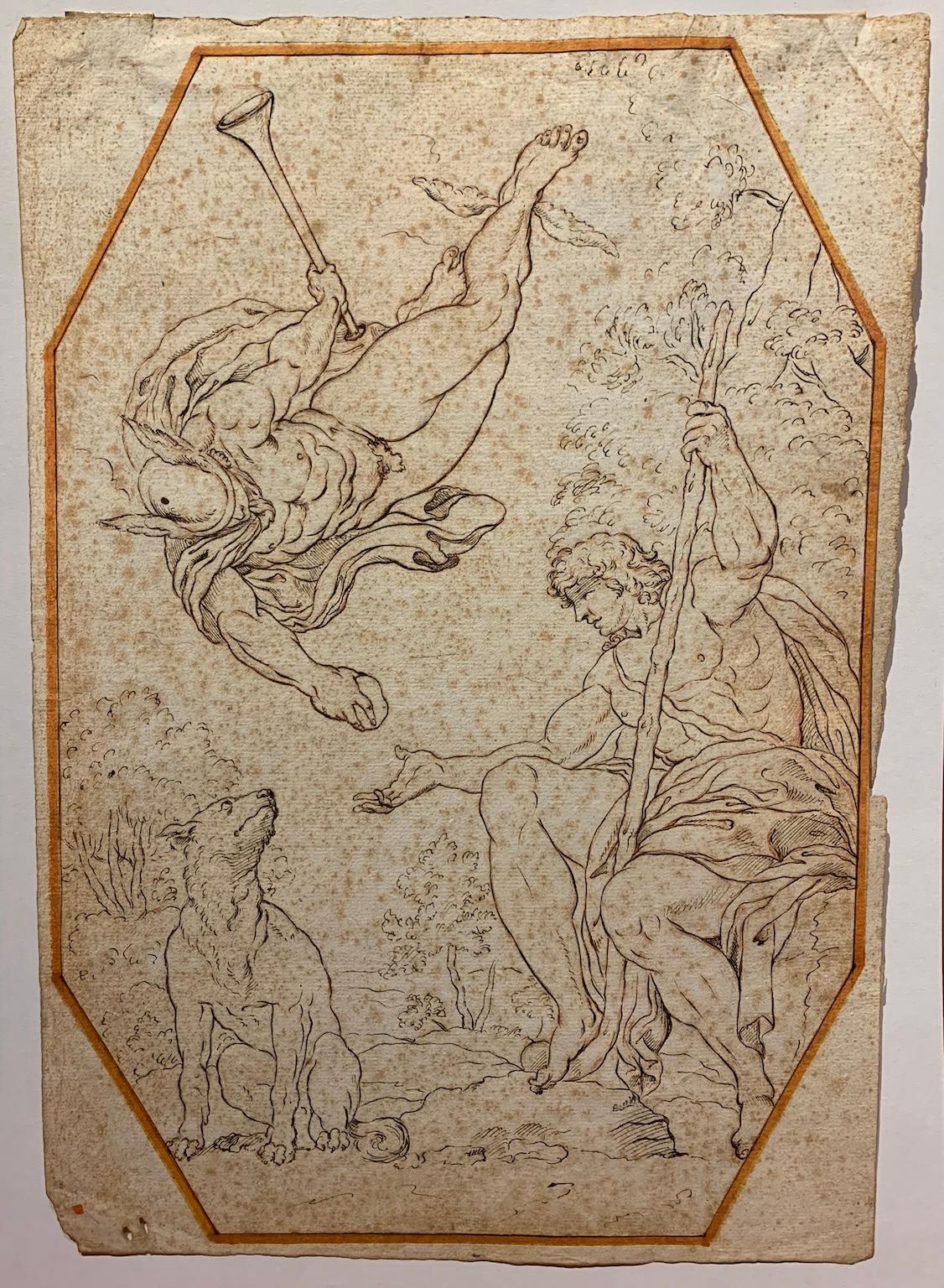 Mythological pen-on-paper drawing inspired by Annibale Carracci's frescoes For Sale 1