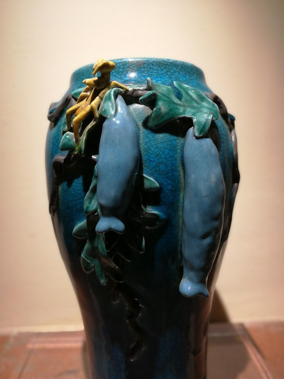 Vaso in ceramica di Salerno smaltata azzurra a tema floreale  - Other Art Style Art by Unknown