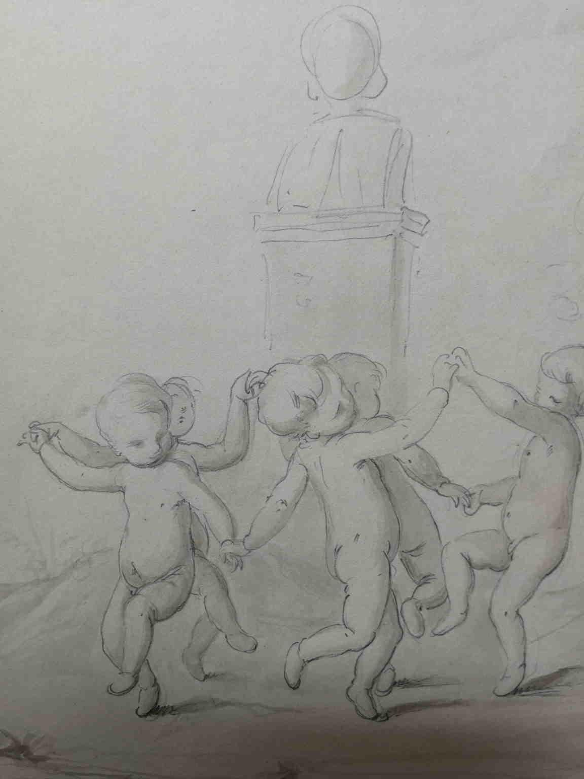 Enrico Pollastrini Nude - Disegno firmato toscano raffigurante danza di putti, XIX secolo