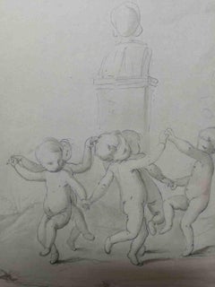 Antique Disegno firmato toscano raffigurante danza di putti, XIX secolo